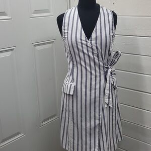 Striped Sleeveless Wrap Mini Dress in White & Navy